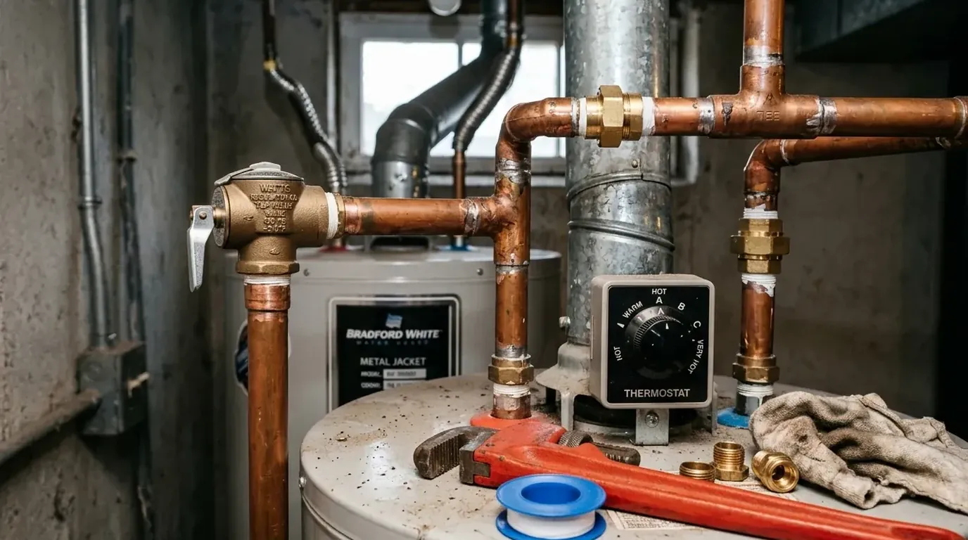 Plumber near me inspecting pipe fittings and water line repair equipment